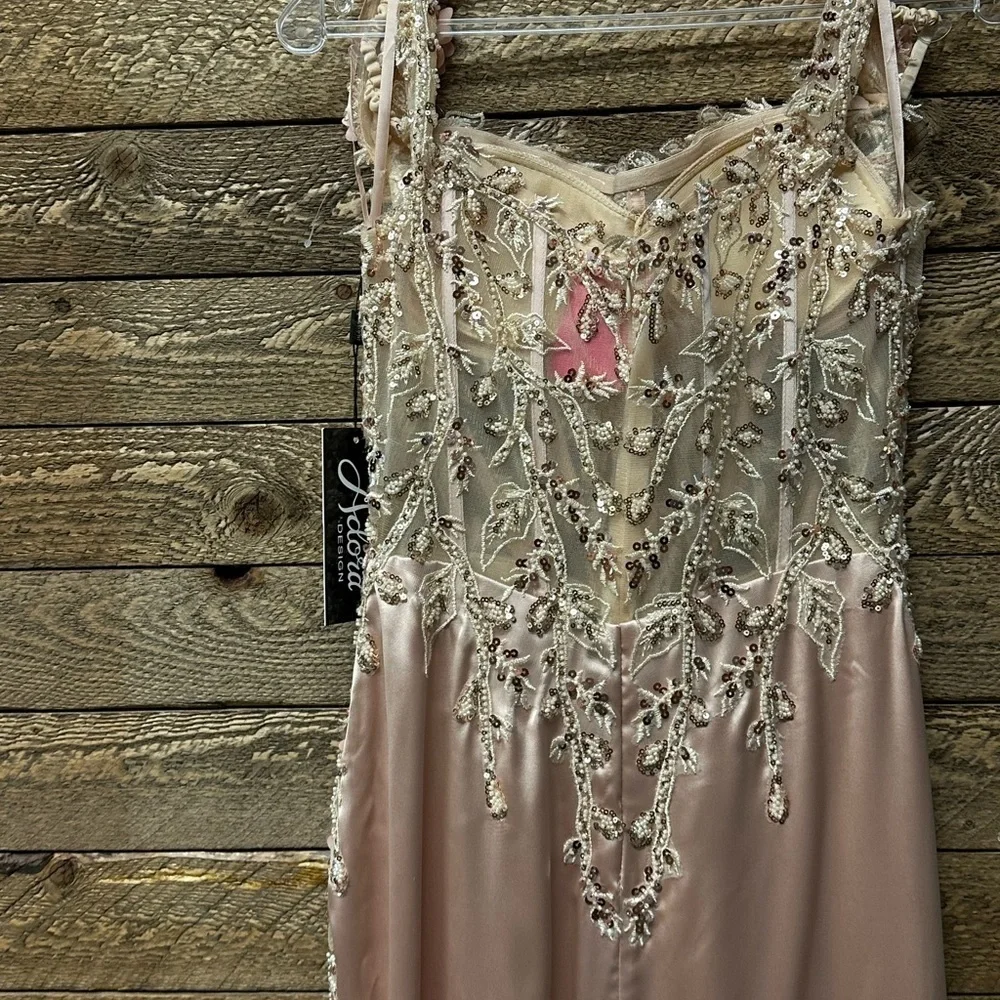 EMBROIDERED OFF SHOULDER CORSET SLIT GOWN BY ADORA 3132 in Champagne